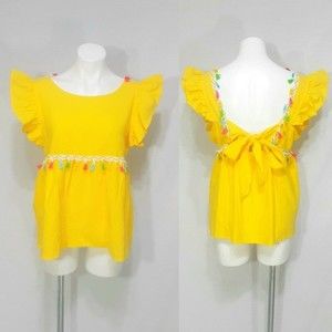 Yellow Bohemian Flutter Sleeve Top Tassel Trim Bow Accent Backless Summer Top 12
